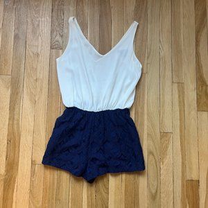 White Top/Lacy Navy Bottom Romper
